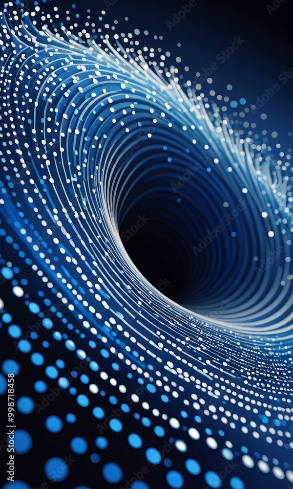 Poster a digital illustration of a swirling, black and white pattern with a central black hole surrounded by a multitude of white dots, creating a sense of depth and movement.