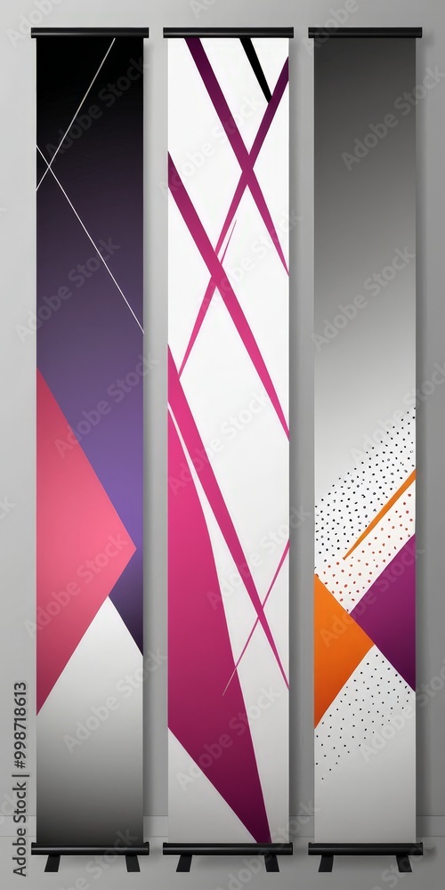 Poster Three vertical banners with abstract geometric designs in various colors and patterns