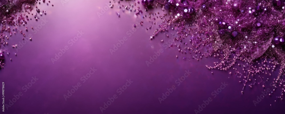 Poster a purple background adorned with a scattering of small, round, purple beads and a few strands of pur