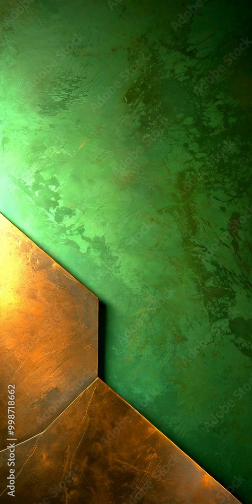 Fototapete a textured green wall with a metallic gold-colored geometric pattern on the left side, creating a visually striking contrast.