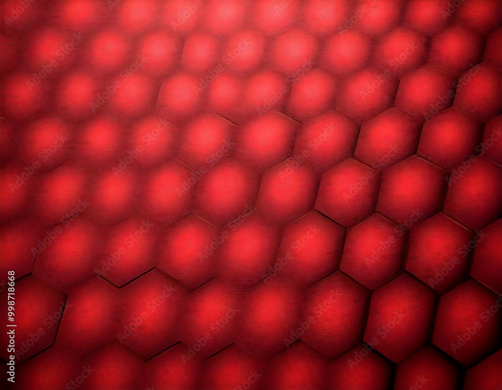 Poster a close-up view red hexagonal pattern, with the individual hexagons slightly overlapping each other, creating a sense of depth and texture
