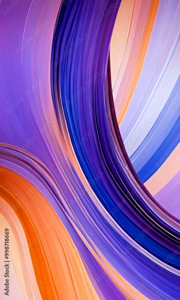 Poster a vibrant abstract composition of curved lines in various shades of purple, orange, and pink, creating a dynamic and visually striking pattern
