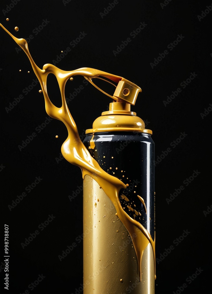 Aufkleber a black spray can with a gold nozzle is tilted to the left, with a stream of gold paint splashing ou
