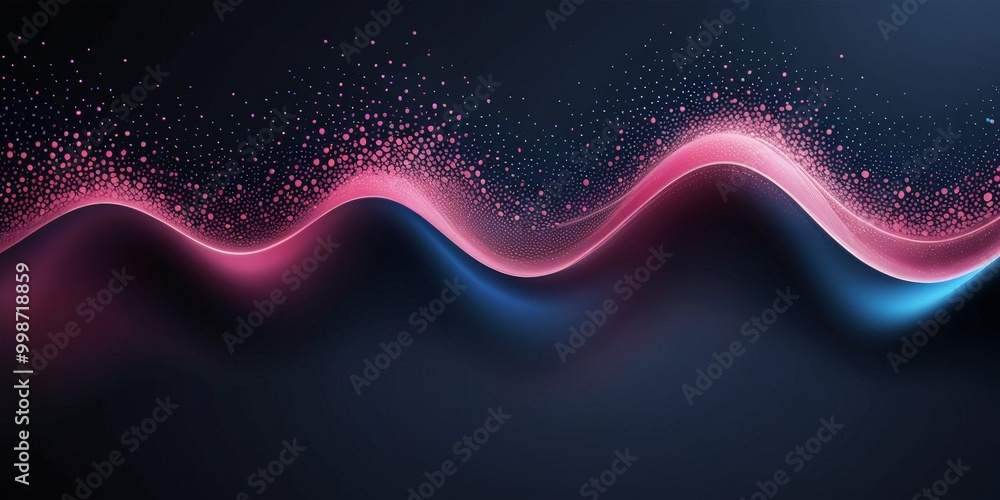 Poster a dark background with a wave-like pattern of pink and blue lines, creating a sense of movement and energy
