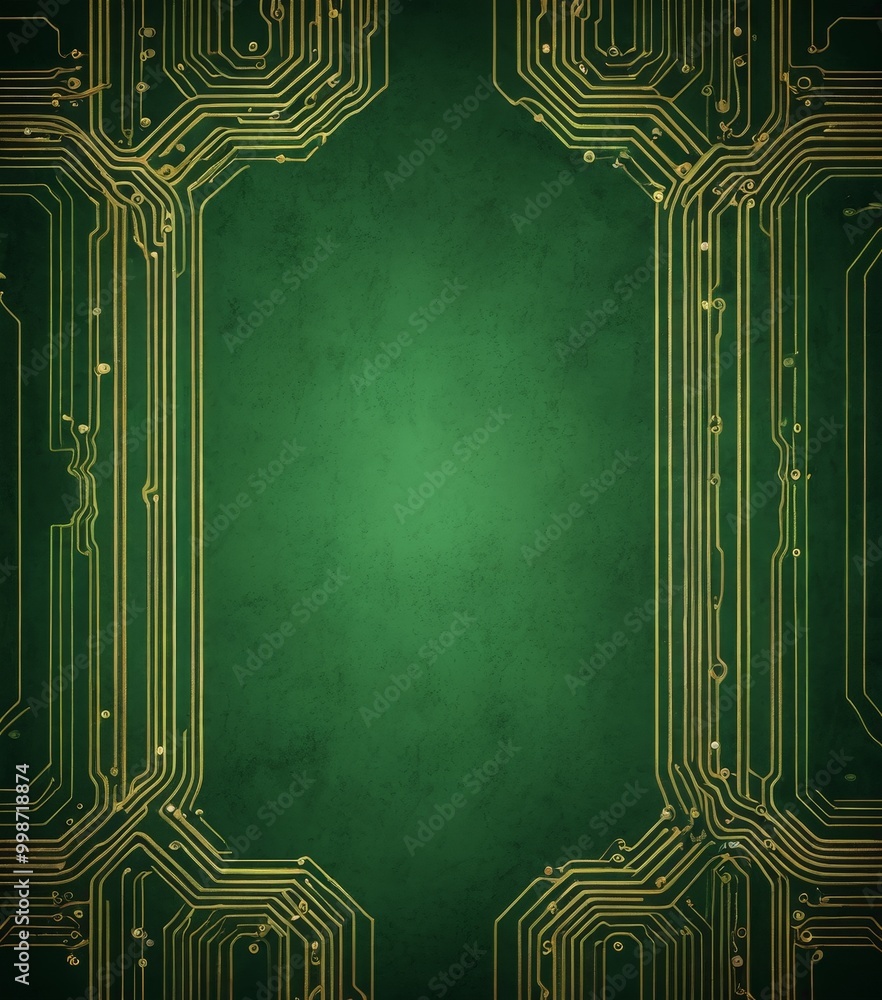 Poster a green circuit board with gold lines and dots, creating a striking contrast against the dark backgr