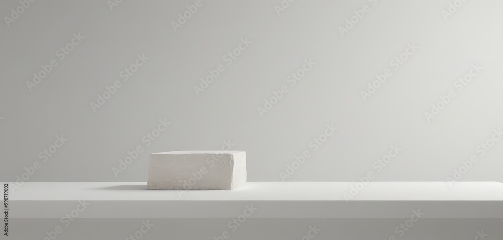 Aufkleber a white cube rests on a white shelf against a plain gray background