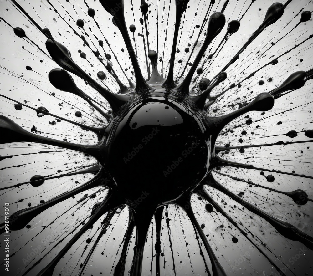 Poster a black and white photograph large, abstract splash of paint or ink, with a central black blob surrounded by radiating lines and dots