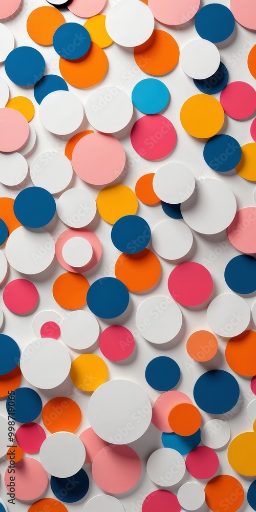 Poster a vibrant and abstract pattern of overlapping circles in various colors, including white, blue, oran