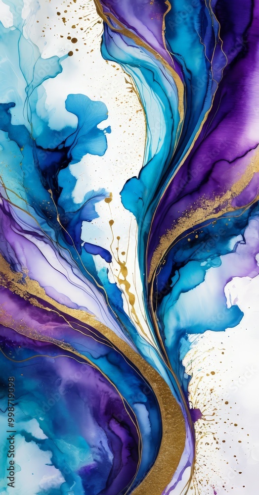 Aufkleber an abstract painting featuring a swirling pattern of blue, purple, and gold colors, with splashes of