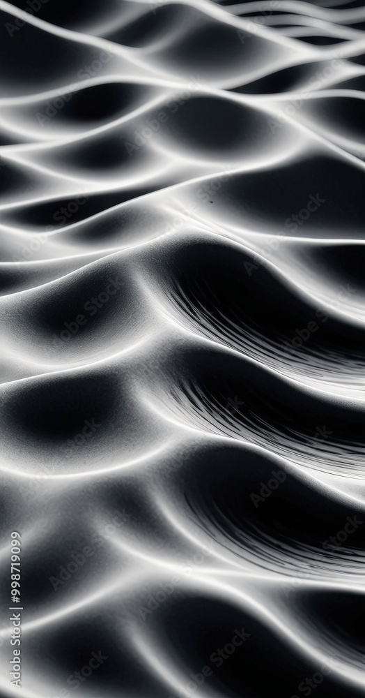 Poster a close-up wave-like pattern, with a black and white color scheme The wave pattern is composed of curved lines and shapes, creating a sense of movement