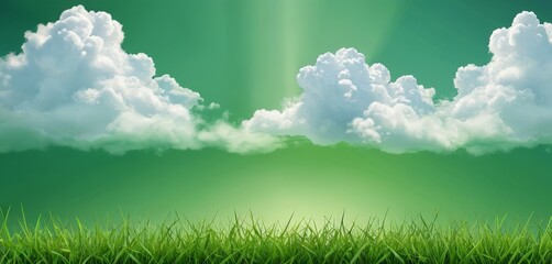 Obraz premium A serene landscape with a lush green field, a clear blue sky, and fluffy white clouds