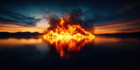 A dramatic explosion with fiery flames lighting up the night, reflecting on a calm body of water under a dark, cloudy sky.