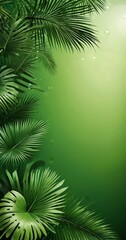 A lush, tropical scene with palm leaves in various shades of green against a vibrant green background