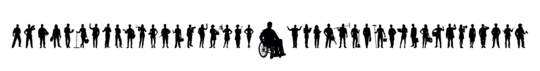 Group people different occupations professions standing together vector silhouettes set 5