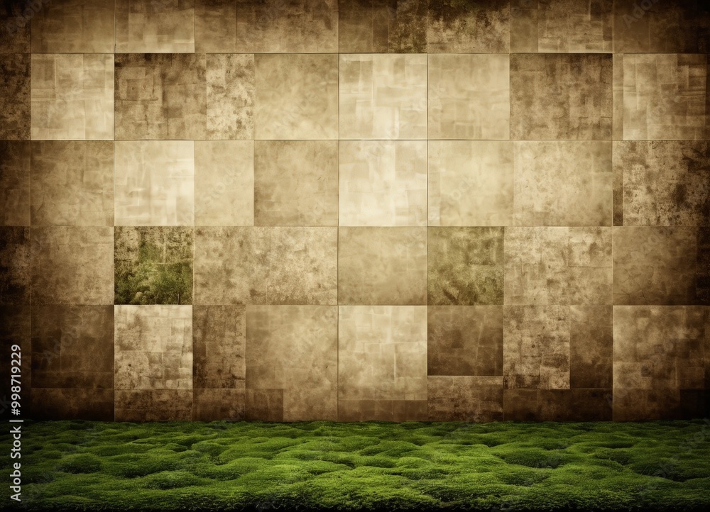 Leinwandbilder a textured wall with a grid-like pattern of square tiles, overlaid with a patch of green moss