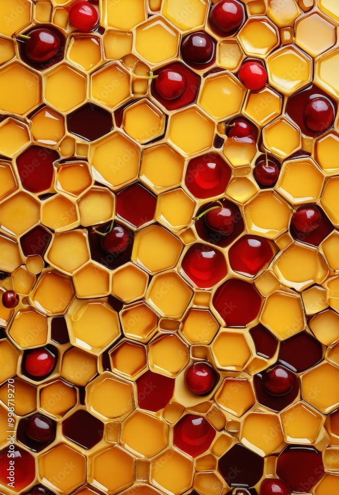 Aufkleber a close-up view honeycomb pattern, with honeycomb shapes in various shades of yellow and red, and sm