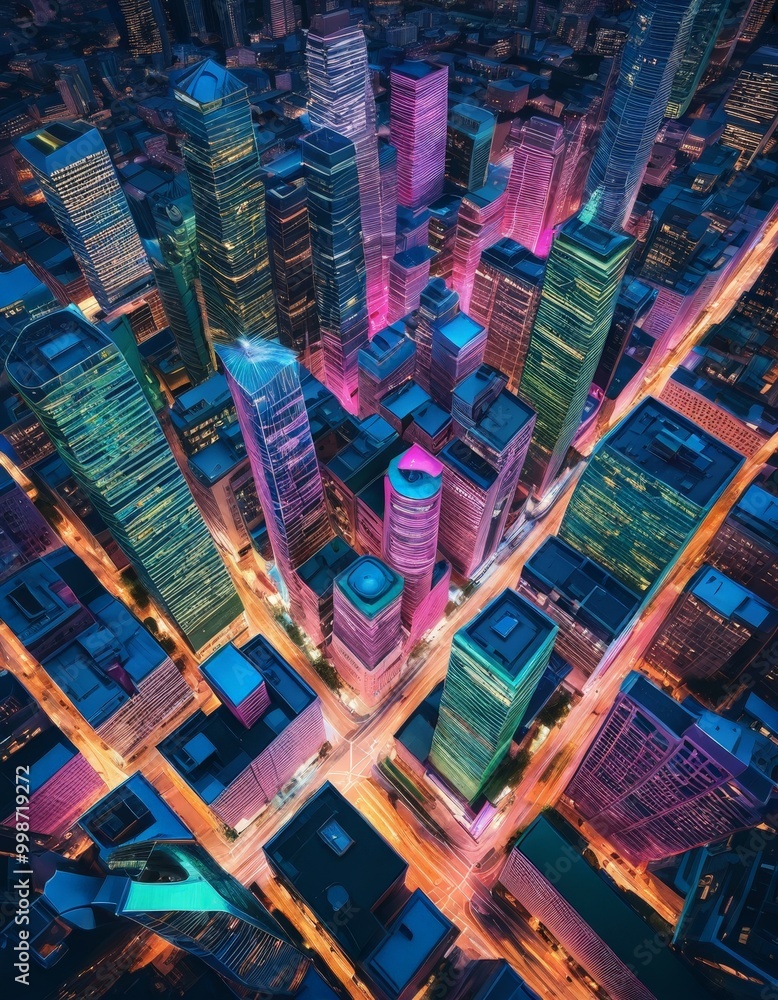 Fototapete a vibrant, futuristic cityscape at night, with skyscrapers illuminated in a variety of colors and pa