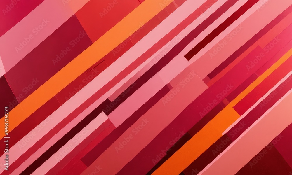 Poster a vibrant abstract composition of diagonal lines in various shades of red, orange, and pink, creating a dynamic and visually striking pattern