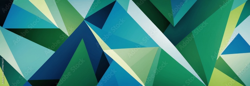 Poster a geometric pattern composed of intersecting triangular shapes in various shades of green, blue, and yellow, creating a visually striking and