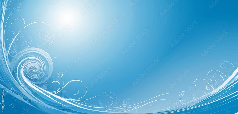 Poster a serene, abstract blue background with a central sunburst and swirling, curving lines that create a