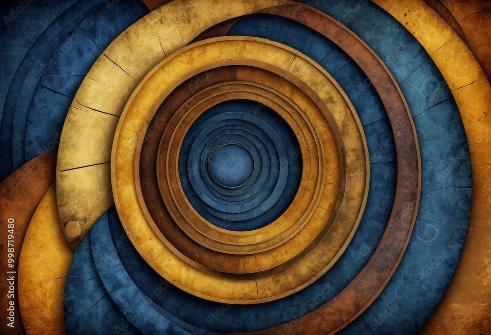 Poster a complex arrangement of concentric circles in various shades of blue, yellow, and brown, creating a visually striking and abstract pattern.