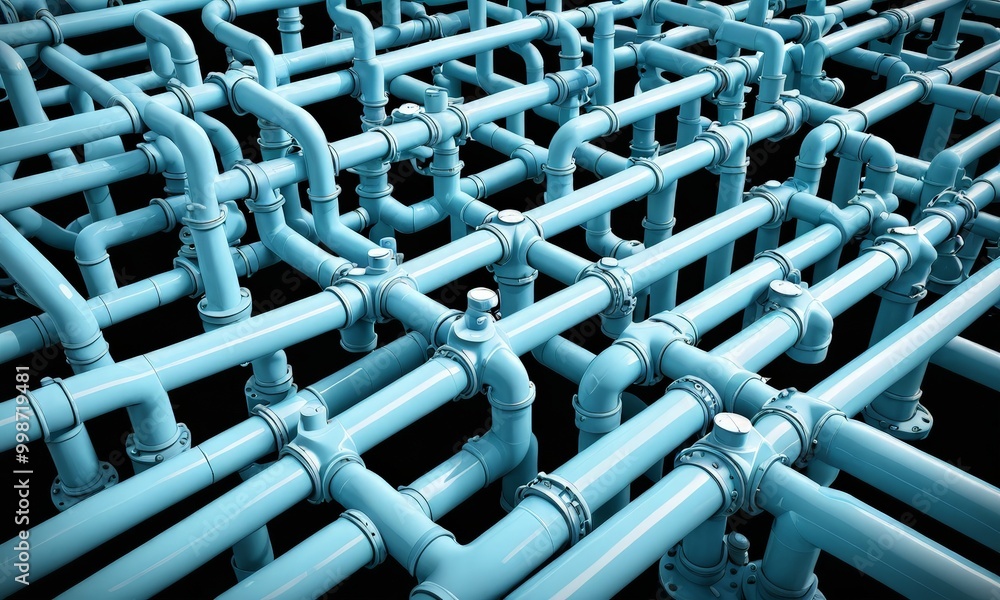Poster A complex network of blue pipes, arranged in a grid-like pattern, creates a visually striking and intricate scene
