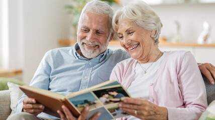 A Heartwarming Moment: Elderly Couple Cherishes Memories. This image captures a tender moment between an elderly couple as they sit together on a couch, engrossed in a photo album.