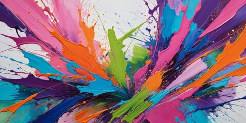 an abstract painting featuring a vibrant explosion of colors, including pink, blue, green, orange, and purple, with splashes of paint and brushstrokes