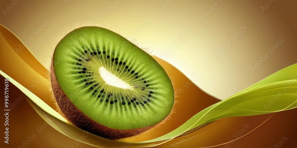 Poster a halved kiwi fruit with its distinctive black seeds and vibrant green flesh is displayed against a 