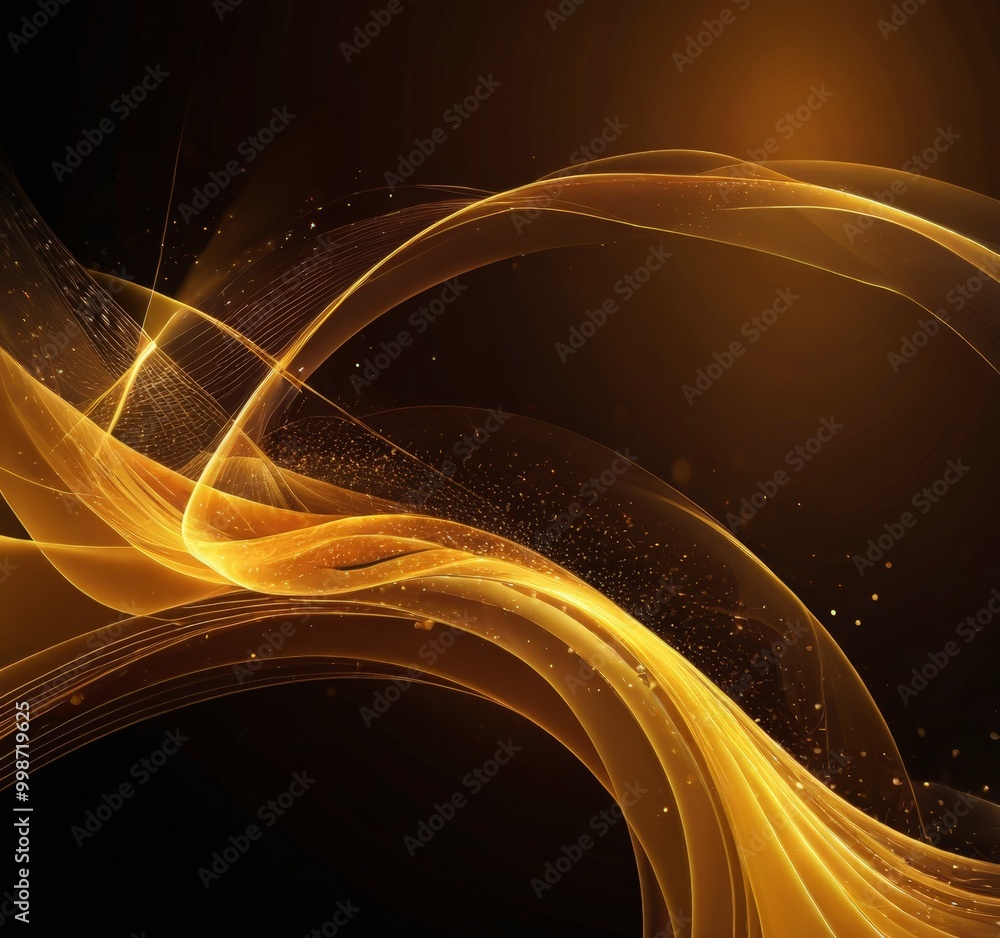 Poster a dynamic, abstract composition of golden, wavy lines and particles against a dark background, creat