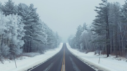 A snowy road with trees in the background