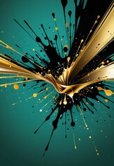 a vibrant abstract composition with a striking contrast of black and gold The central element is a large, dynamic splash of gold paint, radiating outwards in a radial