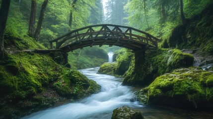 A wooden footbridge, crossing a narrow, fast-flowing river in a peaceful forest, surrounded by moss-covered rocks