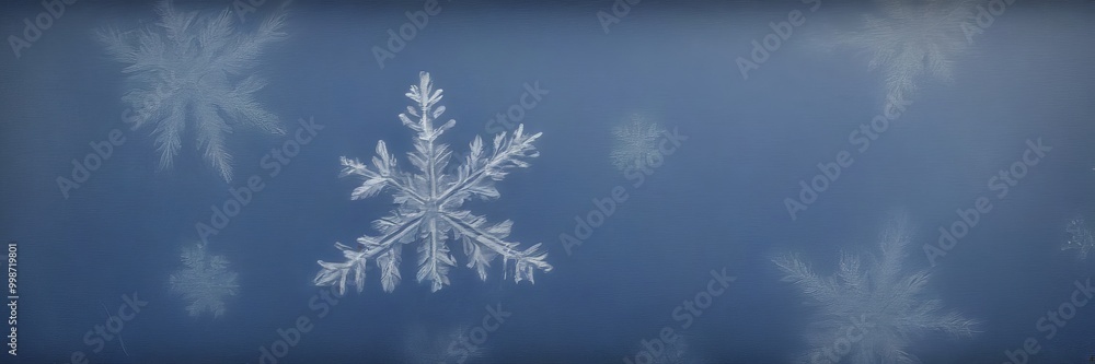 Poster a close-up view snowflake against a blue background, with additional snowflakes visible in the backg