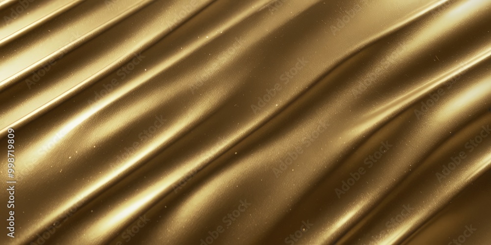 Poster a close-up view of a shiny, golden fabric surface with a wave-like pattern. The fabric appears to be made of a shiny, metallic material, possibly gold or silver, and has