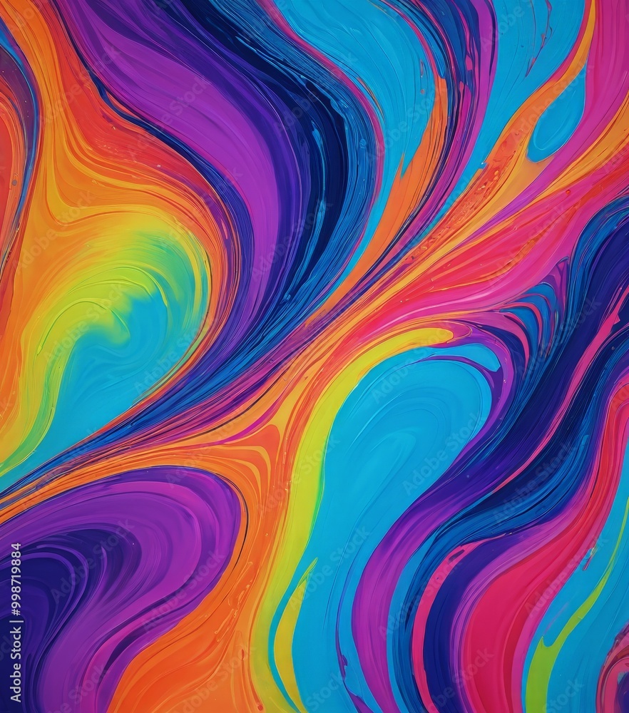 Poster a vibrant abstract painting with swirling patterns of blue, orange, yellow, and pink hues, creating 