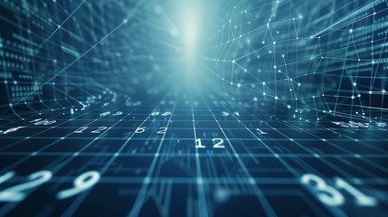 Blue Grid Digital Arena: A Numeric Backdrop with Glowing Light Effects for Marketing and Tech Displays