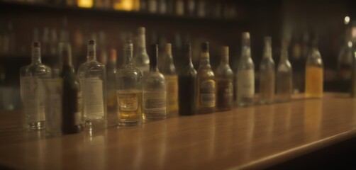 A row of empty liquor bottles on a bar counter, with a blurred background of more bottles and a dimly lit bar