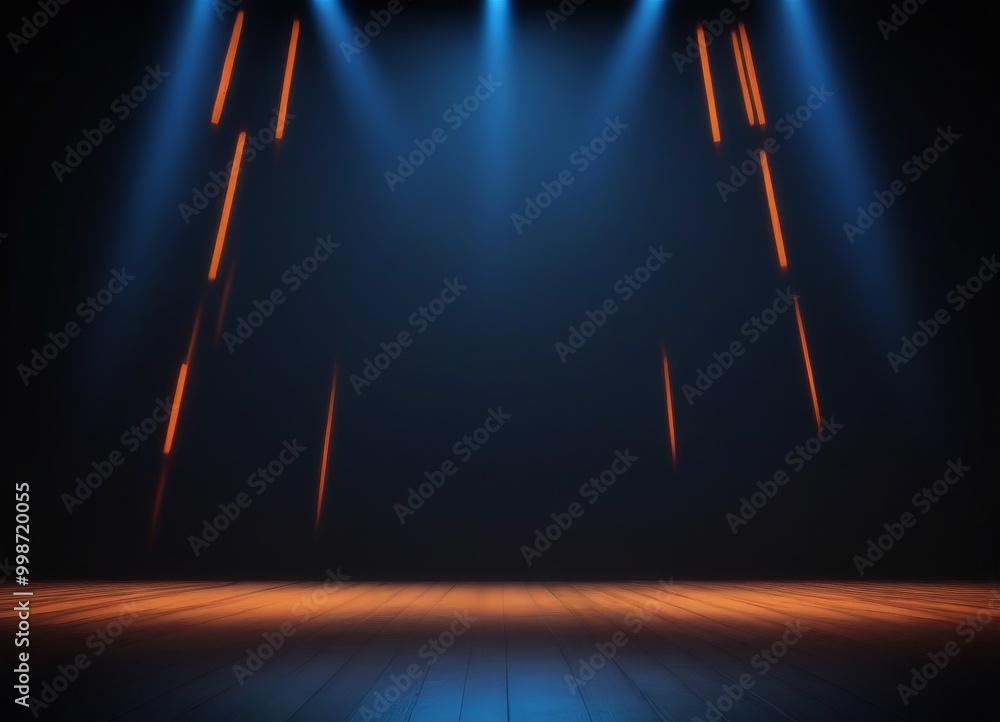 Poster a dimly lit stage with a wooden floor and a dark background, illuminated by three vertical orange li