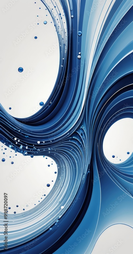 Poster a dynamic abstract composition of blue and white waves, with water droplets scattered throughout, creating a sense of movement and fluidity