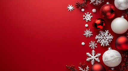 Red holiday backdrop featuring white icons of ornaments and snowflakes