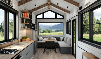 Naklejka premium A tiny house interior with an open-plan layout featuring a kitchen, dining table, and sofa in the middle of the room