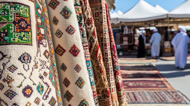 Colorful turkmen carpets displayed at local bazaar for cultural appreciation