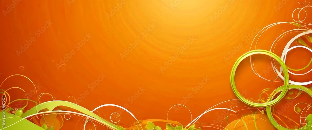 Poster a vibrant abstract design with a gradient of orange and green colors The design includes circular shapes, lines, and swirls, creating a dynamic and visually appealing composition