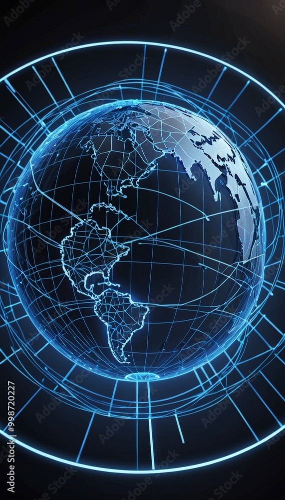 Poster a globe, encased within a circular frame, with a network of blue lines and lines of light emanating from it, creating a futuristic and