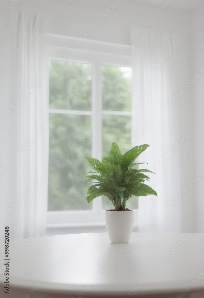 Poster a potted plant with large green leaves sits on a white table in front window with white curtains, cr