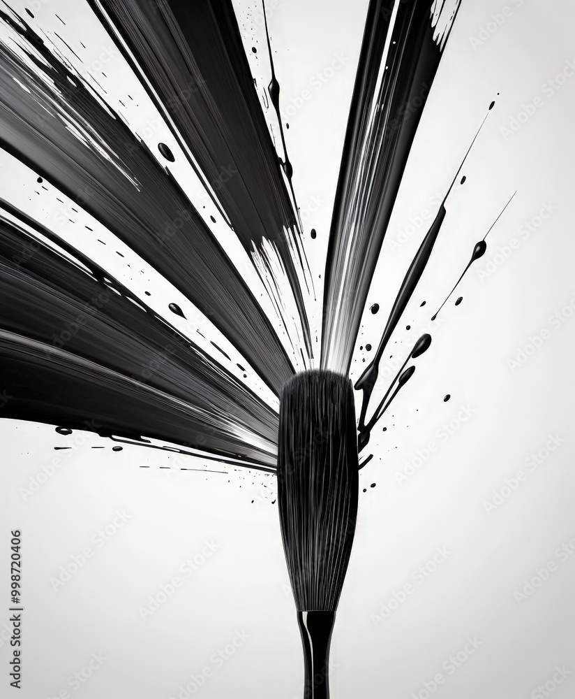 Poster a close-up paintbrush with black paint splattered across it, creating a dynamic and expressive visual effect