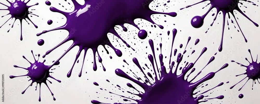 Fototapete a close-up view of purple paint splatters against a white background The splatters are scattered randomly, creating a sense of spontaneity and movement The does
