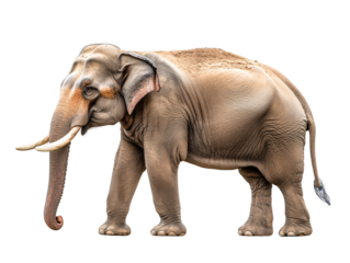 an elephant with tusks on its head with Lucy the Elephant in the background