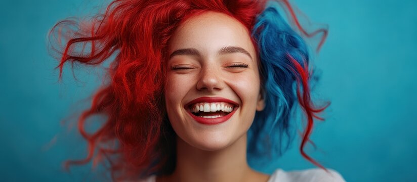 Portrait of a young woman with red and blue hair laughing.